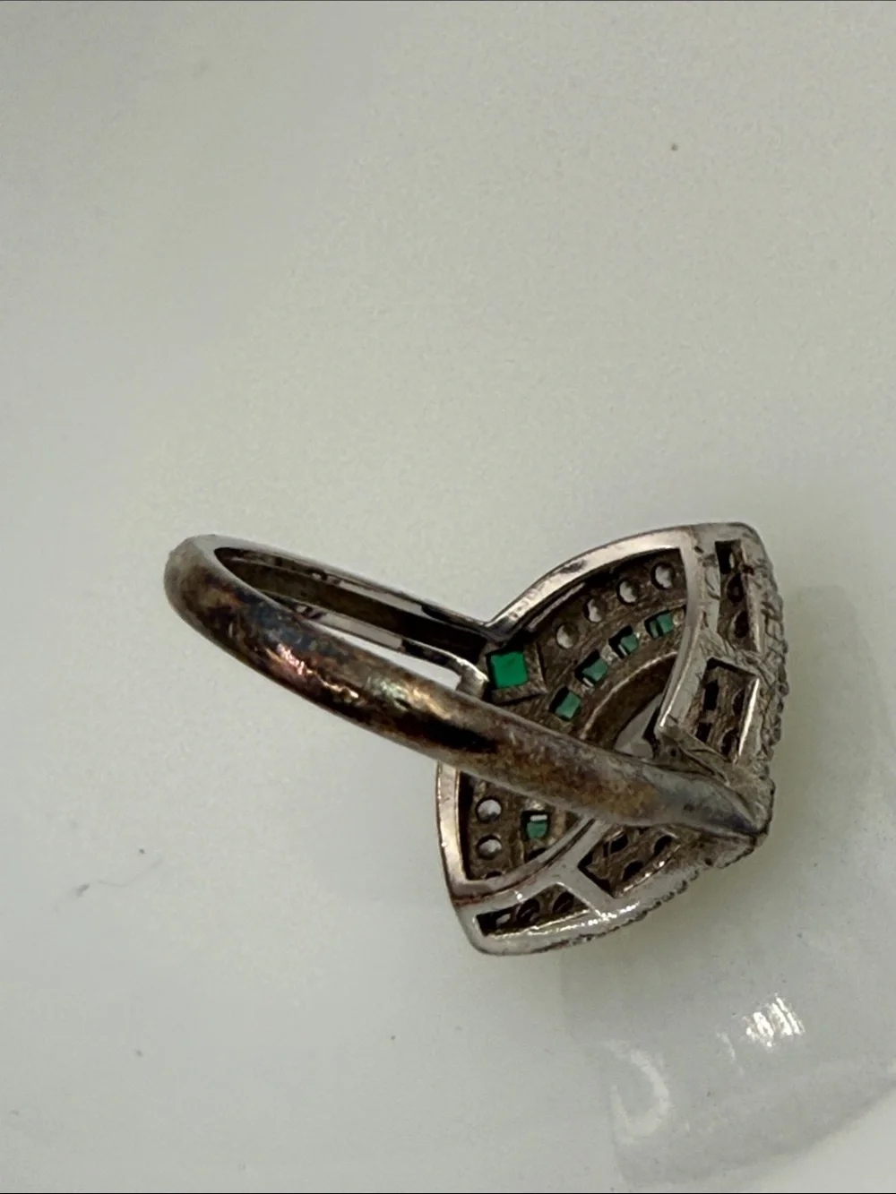 Emerald color Halo Marquise Ring Green & White art deco Statement 925 stamp Sz 5
